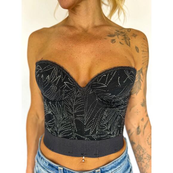VTG Black Strapless Bustier Crop Top – Vintage Glitter Party Top - Picture 1 of 5